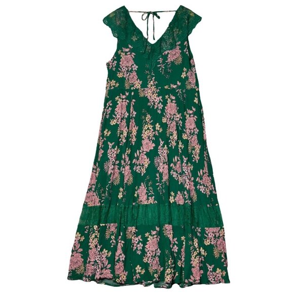 Torrid Gauze Floral Green Smocked Waist Lace Trim Sleeveless Maxi Dress Size 3 - Picture 4 of 10